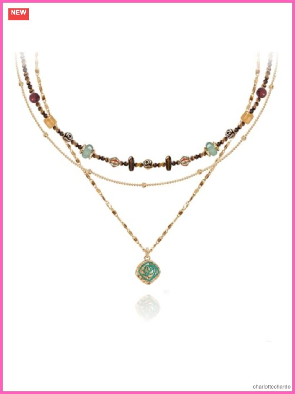 Boho Multi-Layer Beaded Pendant Necklace Gold Plated Fashion Jewelry